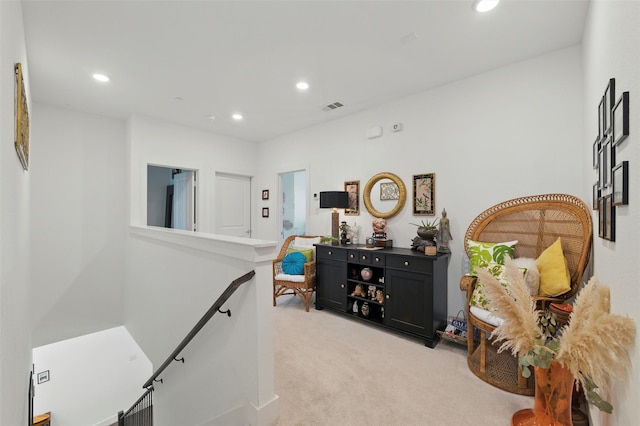 1078 Maverick Dr, Allen, TX 75013 - hall with light carpet, recessed lighting, and an upstairs landing