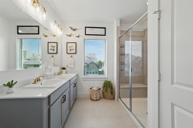 1078 Maverick Dr, Allen, TX 75013 - bathroom featuring double vanity, plenty of natural light, tile patterned floors, and a stall shower