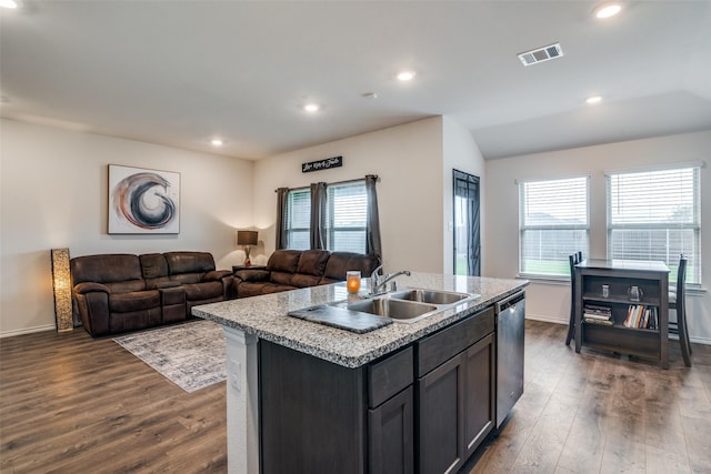 706 Meadow Creek Ln, Josephine, TX 75189 - kitchen featuring stainless steel dishwasher, dark wood finished floors, recessed lighting, an island with sink, and open floor plan