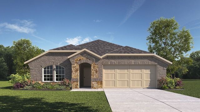 4117 Plateau Dr, Forney, TX 75126 - french country inspired facade featuring brick siding, a front yard, driveway, a garage, and roof with shingles