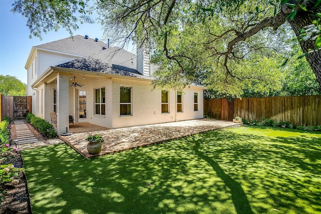 6013 El Campo Ave, Fort Worth, TX 76107 - back of house with ceiling fan, brick siding, a patio, roof with shingles, and a fenced backyard