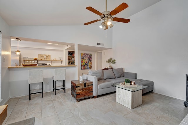 3909 Commonwealth Dr, Flower Mound, TX 75028 - living room featuring a ceiling fan and high vaulted ceiling