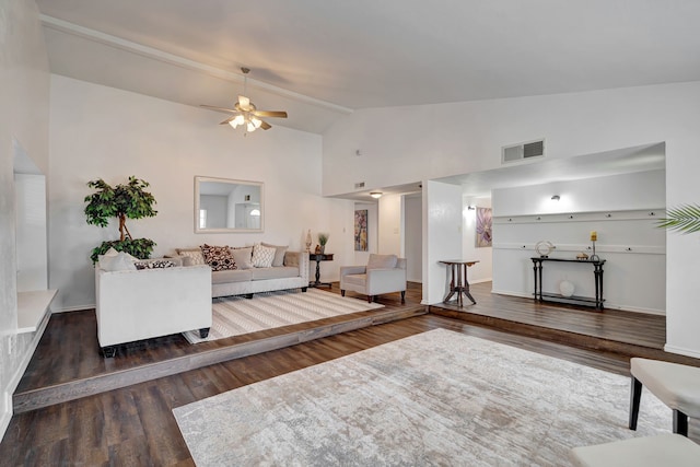 3909 Commonwealth Dr, Flower Mound, TX 75028 - living area with wood finished floors, ceiling fan, and high vaulted ceiling