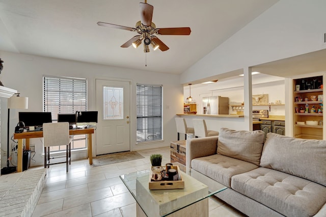 3909 Commonwealth Dr, Flower Mound, TX 75028 - living area featuring an office area, ceiling fan, vaulted ceiling, and light tile patterned floors