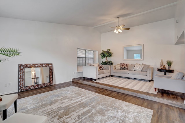 3909 Commonwealth Dr, Flower Mound, TX 75028 - living area with vaulted ceiling, a ceiling fan, and wood finished floors