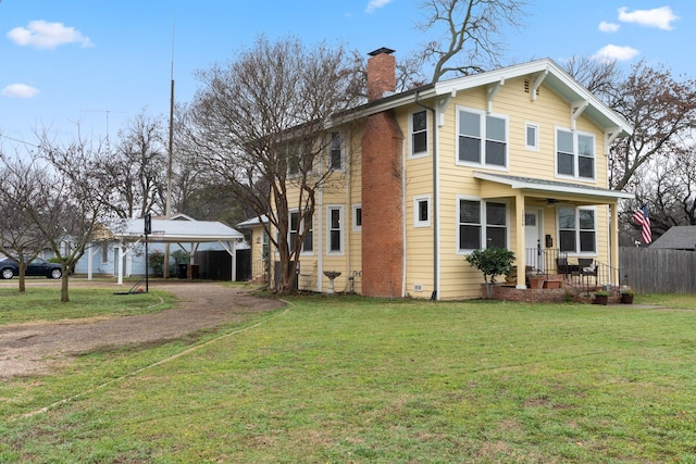 1056 Park Dr, Hillsboro, TX 76645 - view of front facade featuring a chimney, dirt driveway, a carport, a porch, and ceiling fan