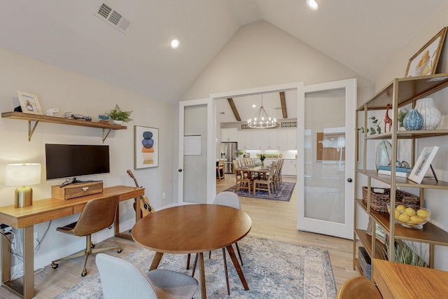 2801 Capitol Pl, Melissa, TX 75454 - office featuring high vaulted ceiling, a chandelier, light wood-style flooring, and french doors