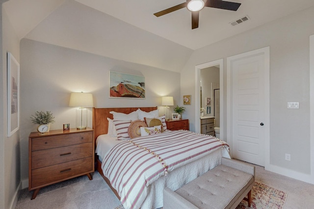 2801 Capitol Pl, Melissa, TX 75454 - bedroom with carpet flooring, ensuite bath, vaulted ceiling, and ceiling fan