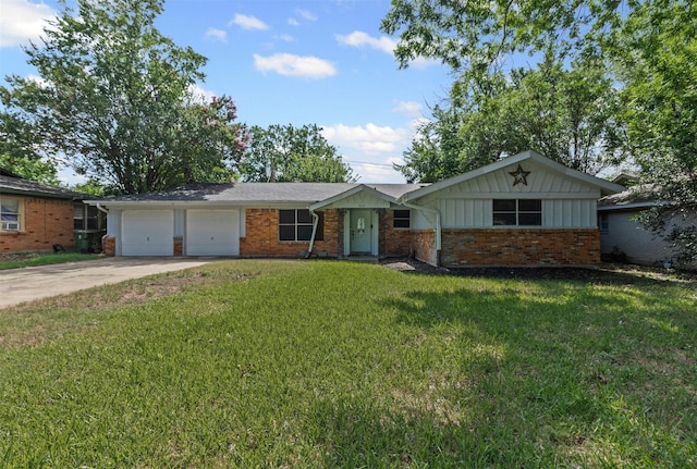 3312 Henry Dr, Richland Hills, TX 76118 - ranch-style home with concrete driveway, an attached garage, brick siding, a front yard, and board and batten siding