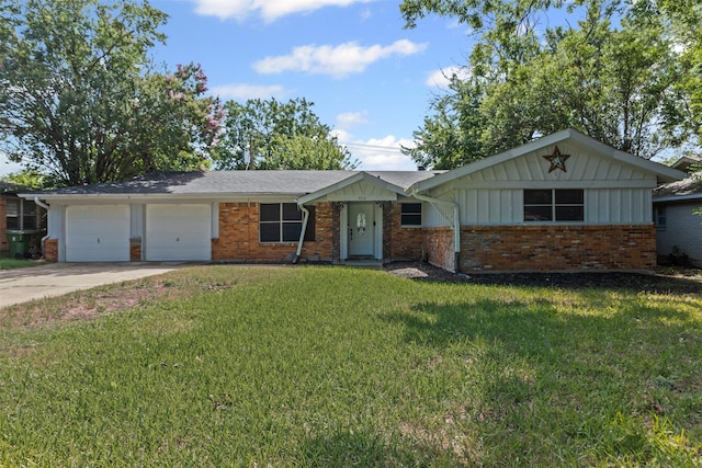 3312 Henry Dr, Richland Hills, TX 76118 - ranch-style house with a garage, concrete driveway, board and batten siding, a front lawn, and brick siding