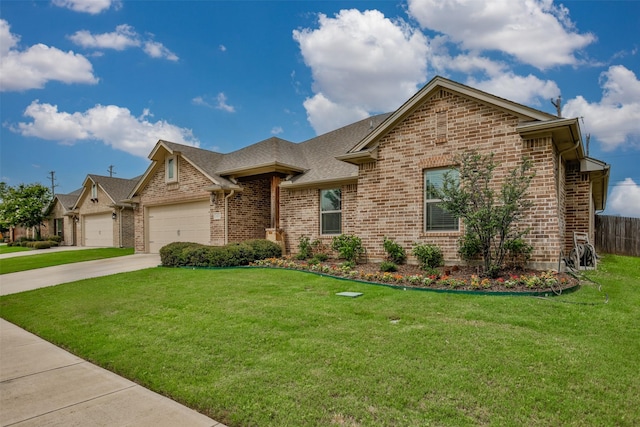 103 Loving Trl, Justin, TX 76247 - ranch-style house with brick siding, a front lawn, a garage, concrete driveway, and roof with shingles