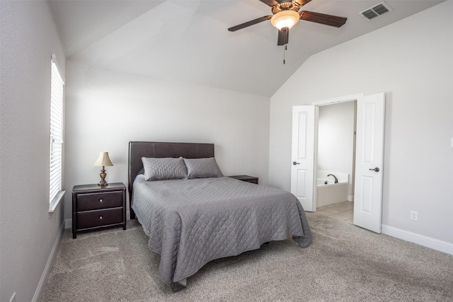 103 Loving Trl, Justin, TX 76247 - bedroom featuring lofted ceiling, carpet floors, connected bathroom, and a ceiling fan