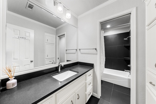 9604 Oak Springs Dr, Woodway, TX 76712 - bathroom with vanity, tile patterned floors, ornamental molding, shower / bathtub combination with curtain, and a textured ceiling