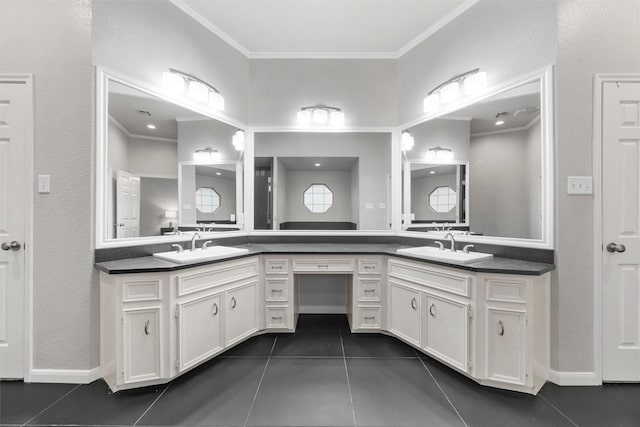 9604 Oak Springs Dr, Woodway, TX 76712 - full bathroom with double vanity, ornamental molding, and tile patterned flooring