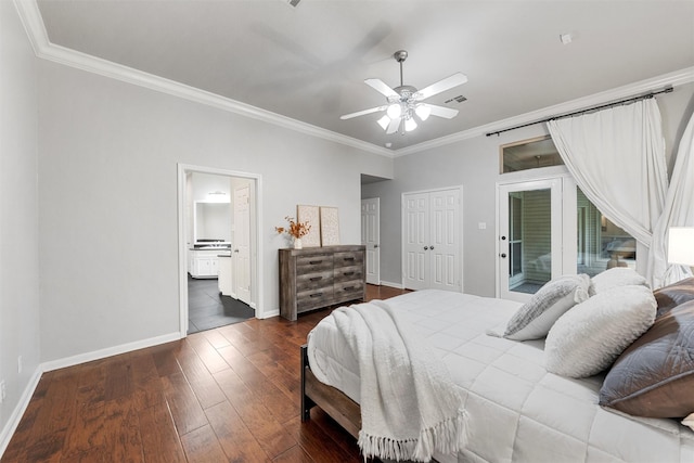 9604 Oak Springs Dr, Woodway, TX 76712 - bedroom featuring ornamental molding, access to exterior, dark wood finished floors, ceiling fan, and ensuite bathroom
