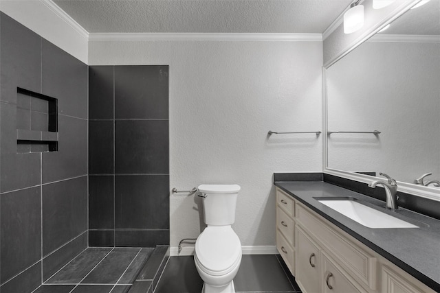 9604 Oak Springs Dr, Woodway, TX 76712 - full bath with crown molding, vanity, a textured ceiling, and tiled shower