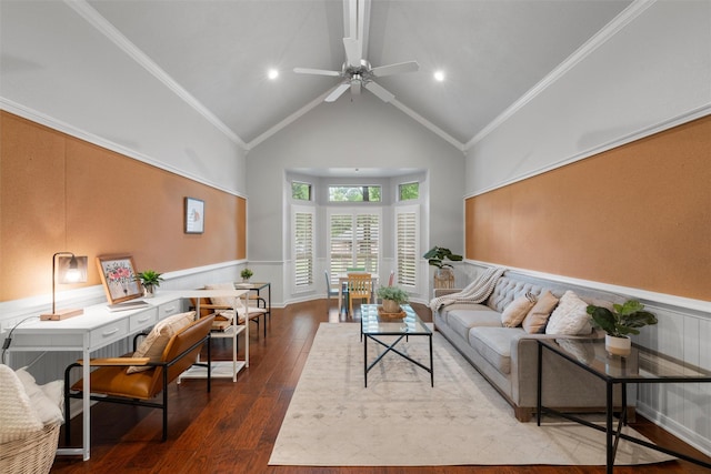 9604 Oak Springs Dr, Woodway, TX 76712 - living room featuring dark wood-type flooring, ceiling fan, high vaulted ceiling, wainscoting, and ornamental molding