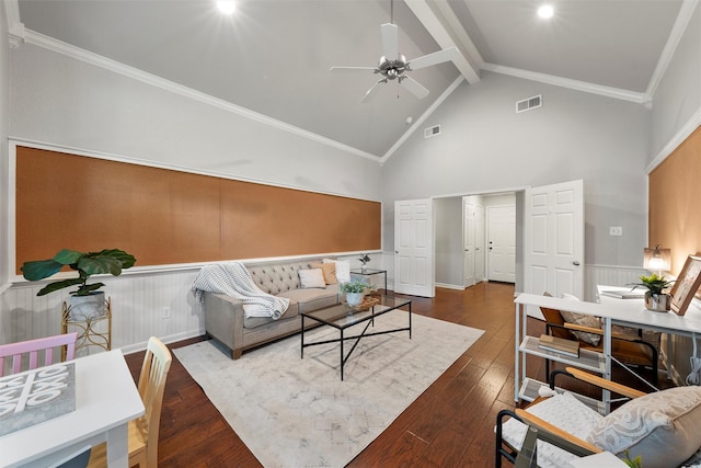 9604 Oak Springs Dr, Woodway, TX 76712 - living area featuring wainscoting, beamed ceiling, a ceiling fan, hardwood / wood-style floors, and high vaulted ceiling