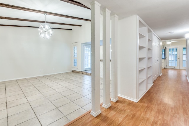 308 Woodhurst Pl, Coppell, TX 75019 - corridor featuring beam ceiling, a chandelier, and light wood-style flooring