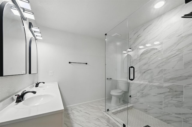 8620 Greenmound Ave, Dallas, TX 75227 - full bathroom featuring marble finish floors, a stall shower, and double vanity