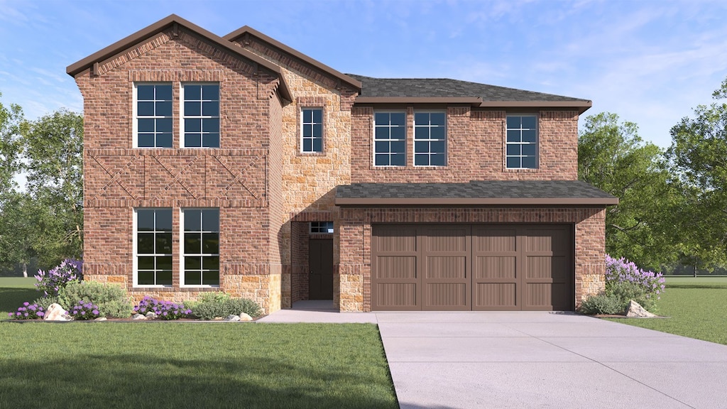 4121 Plateau Dr, Forney, TX 75126 - view of front facade featuring an attached garage, driveway, a front yard, and brick siding