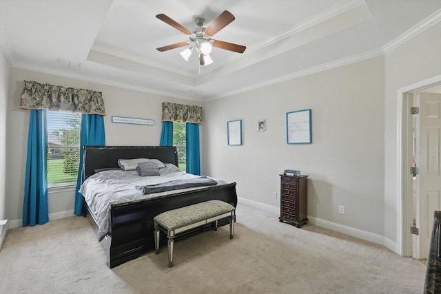 13272 Blue Jean Dr, Fort Worth, TX 76052 - bedroom with a raised ceiling, light carpet, ornamental molding, and ceiling fan