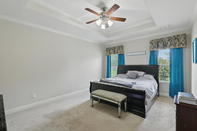 13272 Blue Jean Dr, Fort Worth, TX 76052 - bedroom featuring a raised ceiling, multiple windows, crown molding, light colored carpet, and ceiling fan