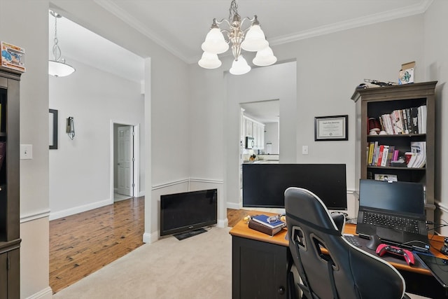 13272 Blue Jean Dr, Fort Worth, TX 76052 - office space with a chandelier, ornamental molding, wood finished floors, and carpet floors