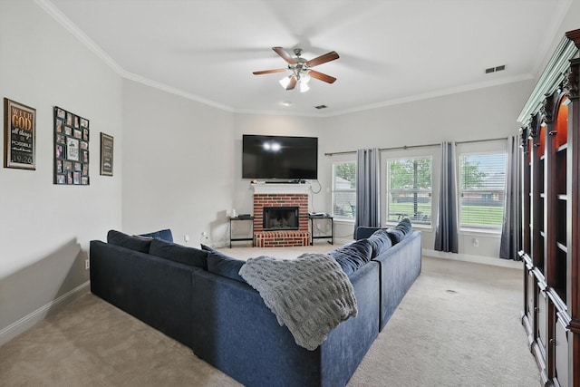 13272 Blue Jean Dr, Fort Worth, TX 76052 - living room with light colored carpet, a ceiling fan, a fireplace, and ornamental molding