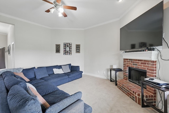 13272 Blue Jean Dr, Fort Worth, TX 76052 - carpeted living room with a ceiling fan, ornamental molding, and a brick fireplace