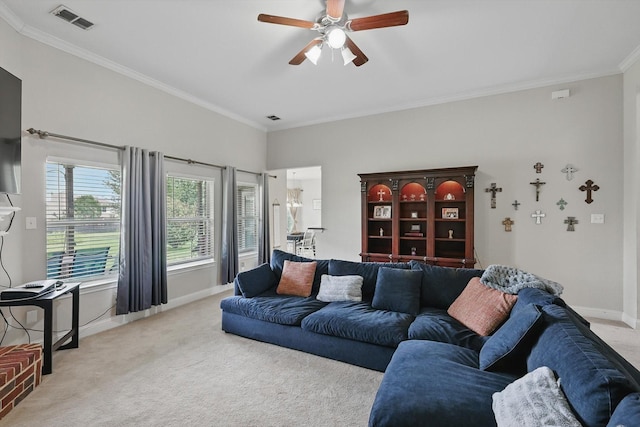 13272 Blue Jean Dr, Fort Worth, TX 76052 - living room featuring light colored carpet, ceiling fan, and ornamental molding