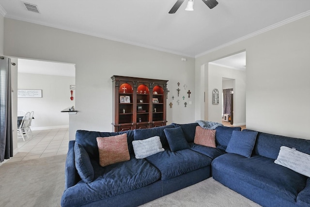 13272 Blue Jean Dr, Fort Worth, TX 76052 - living area featuring ornamental molding, ceiling fan, tile patterned flooring, and carpet flooring