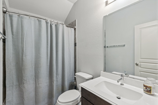 1108 Sheldon Dr, Anna, TX 75409 - full bathroom featuring vanity, a textured wall, a shower with shower curtain, and lofted ceiling