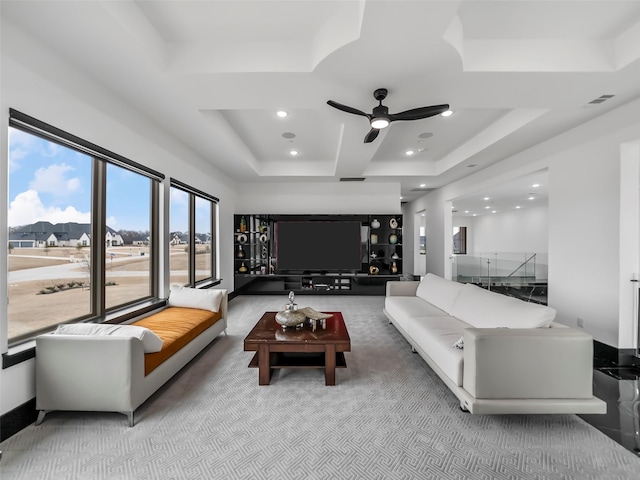 7604 Nocona Dr, Parker, TX 75098 - carpeted living room with a ceiling fan, recessed lighting, and a raised ceiling
