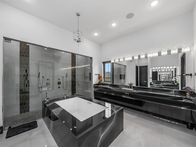 7604 Nocona Dr, Parker, TX 75098 - full bathroom featuring a garden tub, a stall shower, vanity, and recessed lighting