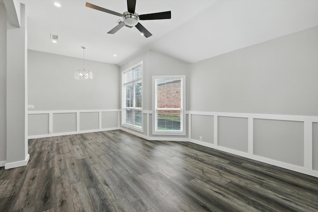 2528 Forestwood Dr, Flower Mound, TX 75028 - unfurnished room with a chandelier, dark wood finished floors, lofted ceiling, ceiling fan, and recessed lighting
