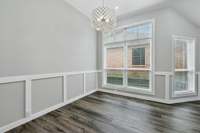 2528 Forestwood Dr, Flower Mound, TX 75028 - unfurnished dining area featuring vaulted ceiling, a chandelier, and dark wood finished floors