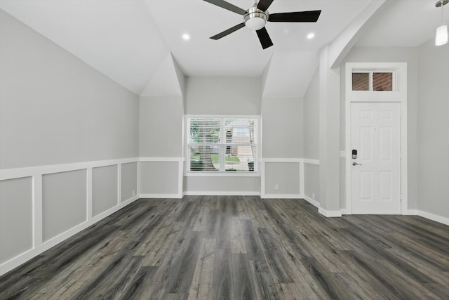 2528 Forestwood Dr, Flower Mound, TX 75028 - unfurnished living room featuring dark wood finished floors, ceiling fan, and recessed lighting