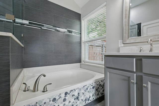 2528 Forestwood Dr, Flower Mound, TX 75028 - bathroom featuring vanity, a garden tub, and wood finished floors