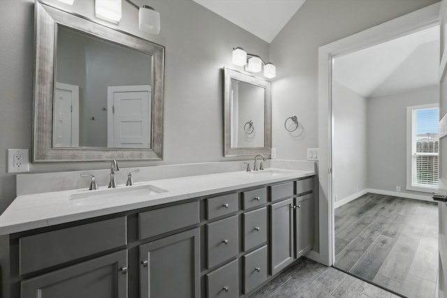2528 Forestwood Dr, Flower Mound, TX 75028 - full bath with vaulted ceiling, wood finished floors, and double vanity