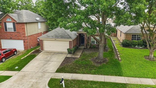 2528 Forestwood Dr, Flower Mound, TX 75028 - view of front of property with brick siding, driveway, a front yard, an attached garage, and roof with shingles