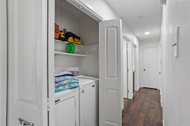 814 S Western Hills Dr, Howe, TX 75459 - laundry room with washer and clothes dryer, dark wood finished floors, and recessed lighting