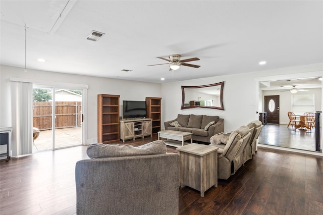 814 S Western Hills Dr, Howe, TX 75459 - living room featuring attic access, a ceiling fan, dark wood-type flooring, and recessed lighting