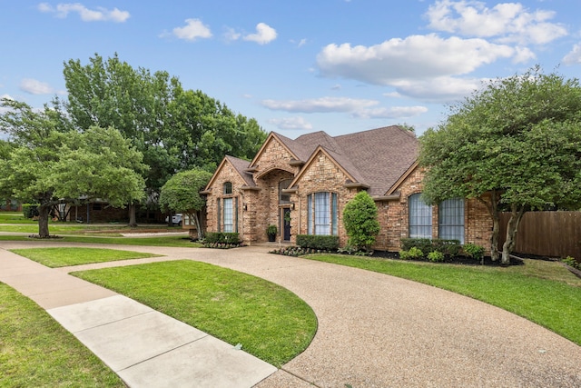 810 Quail Run, Keller, TX 76248 - french country inspired facade featuring brick siding, curved driveway, a shingled roof, and stone siding