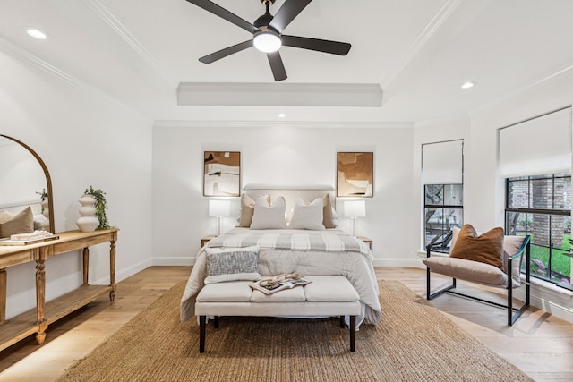 810 Quail Run, Keller, TX 76248 - bedroom featuring light wood-style flooring, a tray ceiling, ornamental molding, recessed lighting, and a ceiling fan