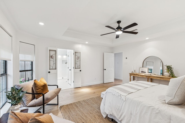 810 Quail Run, Keller, TX 76248 - bedroom with a tray ceiling, light wood-style floors, crown molding, recessed lighting, and a ceiling fan