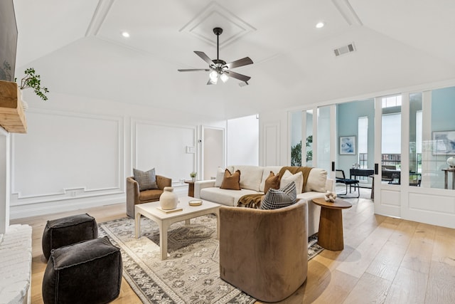 810 Quail Run, Keller, TX 76248 - living room featuring a decorative wall, light wood-style flooring, a ceiling fan, high vaulted ceiling, and recessed lighting