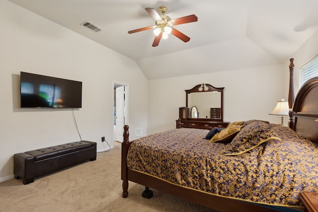495 Bending Oaks Trl, Rockwall, TX 75087 - bedroom with light colored carpet, lofted ceiling, and ceiling fan