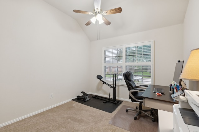 495 Bending Oaks Trl, Rockwall, TX 75087 - office space with carpet flooring, vaulted ceiling, and a ceiling fan