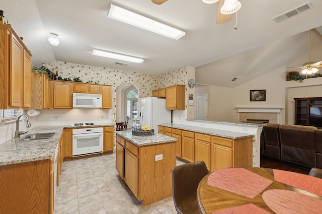 495 Bending Oaks Trl, Rockwall, TX 75087 - kitchen with white appliances, vaulted ceiling, ceiling fan, open floor plan, and arched walkways